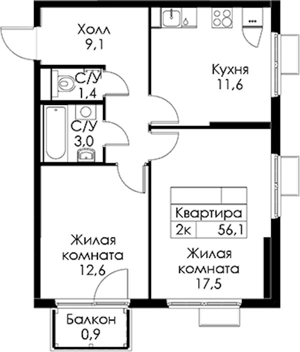 2-комнатная квартира 56.1 м², 6/13 эт., ЖК «Кантемировская 11»